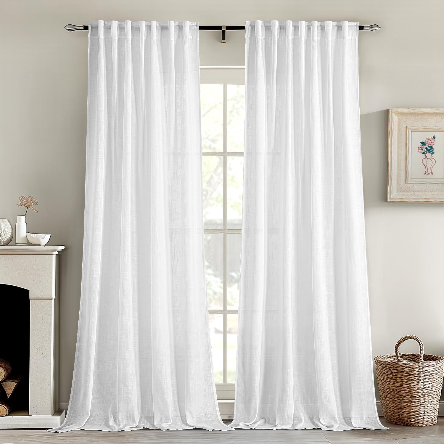 Soft White Linen Curtains | Dual-Use Straps and Rod Bag | Semi-Sheer Modern Farmhouse Style