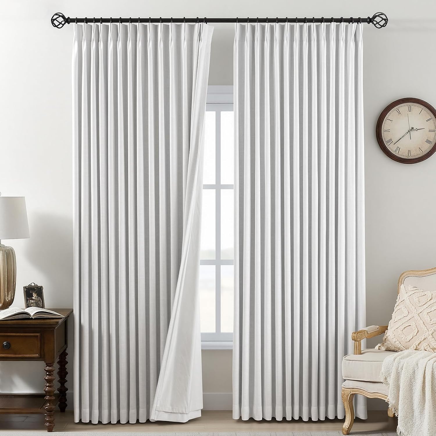 White Blackout Pleated Linen Curtains with Memory Fold Hooks | Heat Insulation and Light Blocking